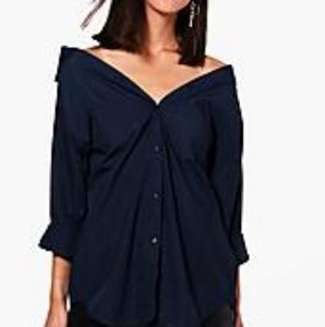 NWT Navy Off Shoulder Button Down